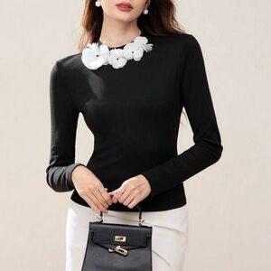 COMMENSE Black 3D White Petal Neck Long Sleeve Form-Fitting Top S M L XL